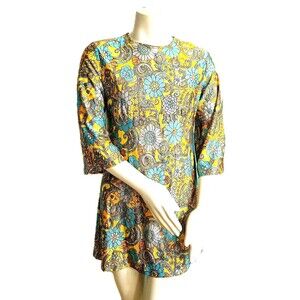 Vtg 60s Floral Mini Dress Zip 3/4 Sleeve Babydoll Textured Bright Boho Hippy M/L